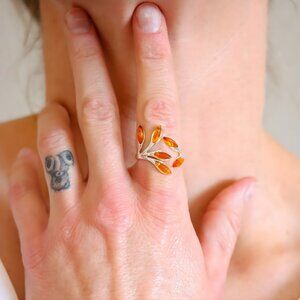 Baltic Amber Ring - Open Leaf Design in Sterling Silver